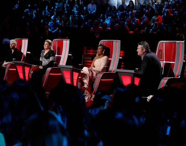 THE VOICE -- "Live Finale Results" Episode 1519B -- Pictured: (l-r) Adam Levine, Kelly Clarkson, Jennifer Hudson, Blake Shelton -- (Photo by Trae Patton/NBC | 2018 NBCUniversal Media, LLC.)