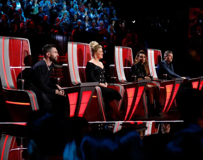 THE VOICE -- "Live Top 13" Episode 1515A -- Pictured: (l-r) Adam Levine, Kelly Clarkson, Jennifer Hudson, Blake Shelton -- (Photo by: Trae Patton/NBC)