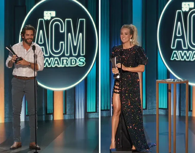 Thomas Rhett and Carrie Underwood accepting 55th ACM Awards Entertainer of the Year Award