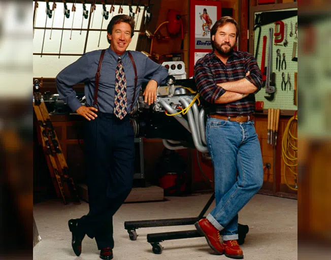 Tim Allen and Richard Karn on TV sitcom set for "Home Improvement"