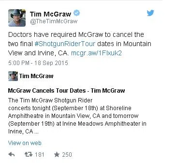 Tim McGraw Tweets Shows Cancelled
