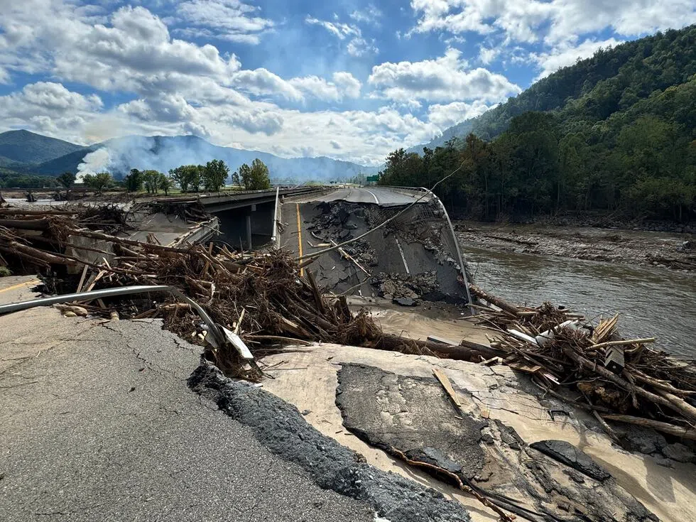 A look at the I-26 bridges at MM 39.6 in Unicoi County. Both bridges were destroyed during the...