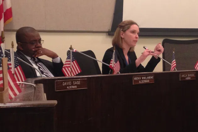 Alderwoman Amelia Buragas asks questions during Monday's city council meeting. (Joe Ragusa/WJBC)