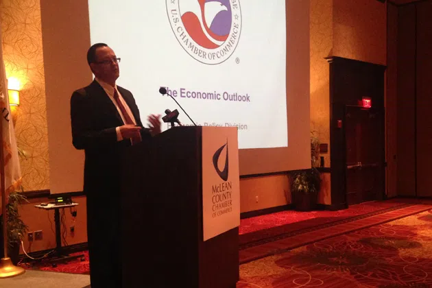 U.S. Chamber of Commerce Economist J.D. Foster speaks during the McLean County Chamber of Commerce's annual Economic Vision Luncheon Thursday afternoon at the Marriott in Uptown Normal. (Joe Ragusa/WJBC)