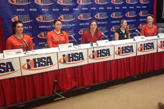 The Normal Community volleyball team speaks with the press about the loss to Cary-Grove in the Class 4A consolation game. (Joe Ragusa/WJBC)
