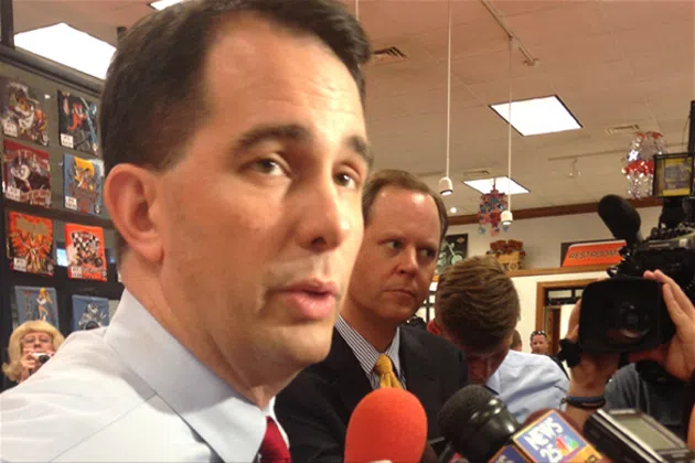 Republican presidential candidate Scott Walker speaks to reporters at a campaign stop in Bloomington Monday. (Joe Ragusa/WJBC)