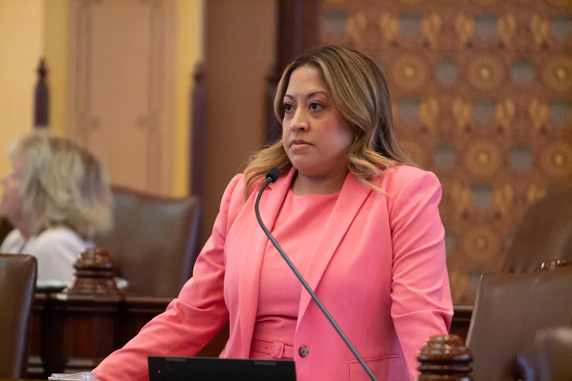 State Sen. Celina Villanueva, D-Chicago, on the House floor in May 2025. (Capitol News Illinois file photo)