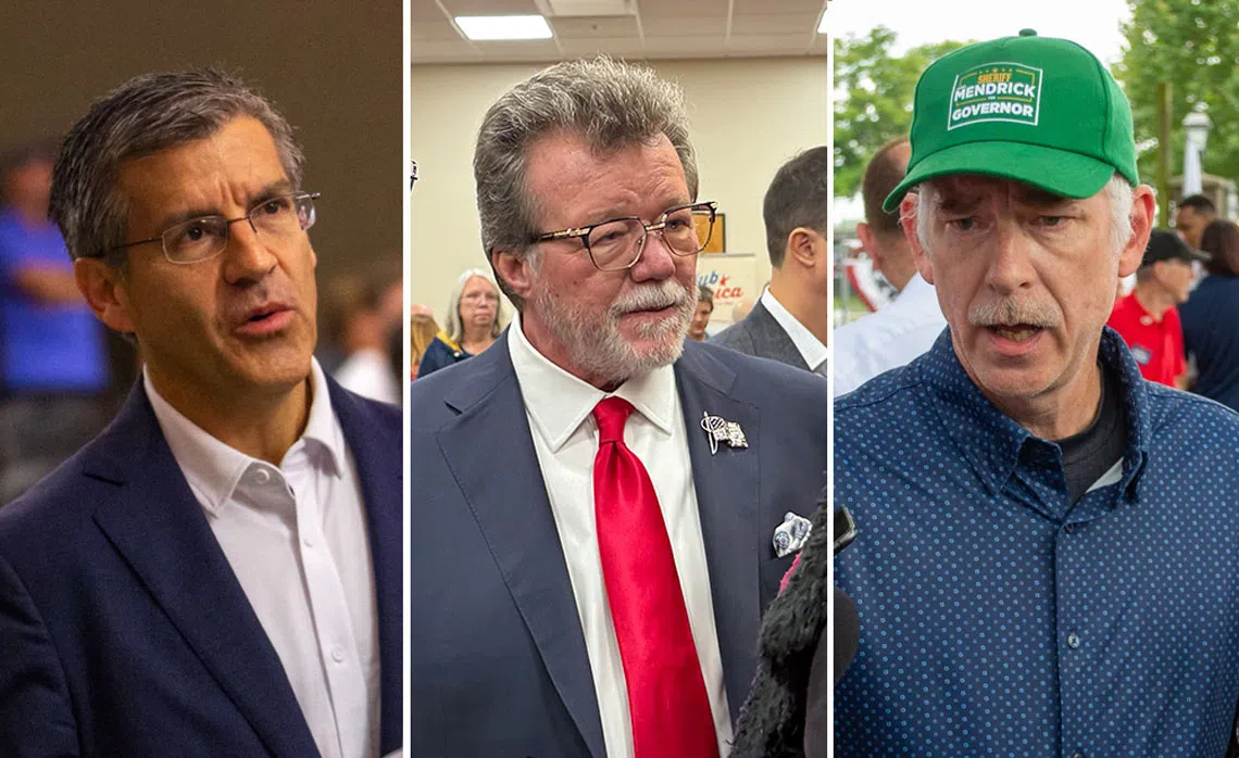 Ted Dabrowski, Rick Heidner and James Mendrick, GOP candidates for governors, took part in a debate Tuesday. Candidate Darren Bailey, not pictured, did not attend. (Photos by Capitol News Illinois)