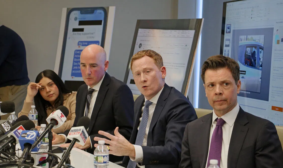 Marimar Martinez and her attorneys present recently unsealed evidence from her trial at a Feb. 11, 2026, news conference. Martinez’s legal team announced at the event that they would be filing a Federal Torts Claim Act complaint later that day, the first step toward a civil suit against the Border Patrol agent who shot Martinez five times in October. (Capitol News Illinois photo by Maggie Dougherty)