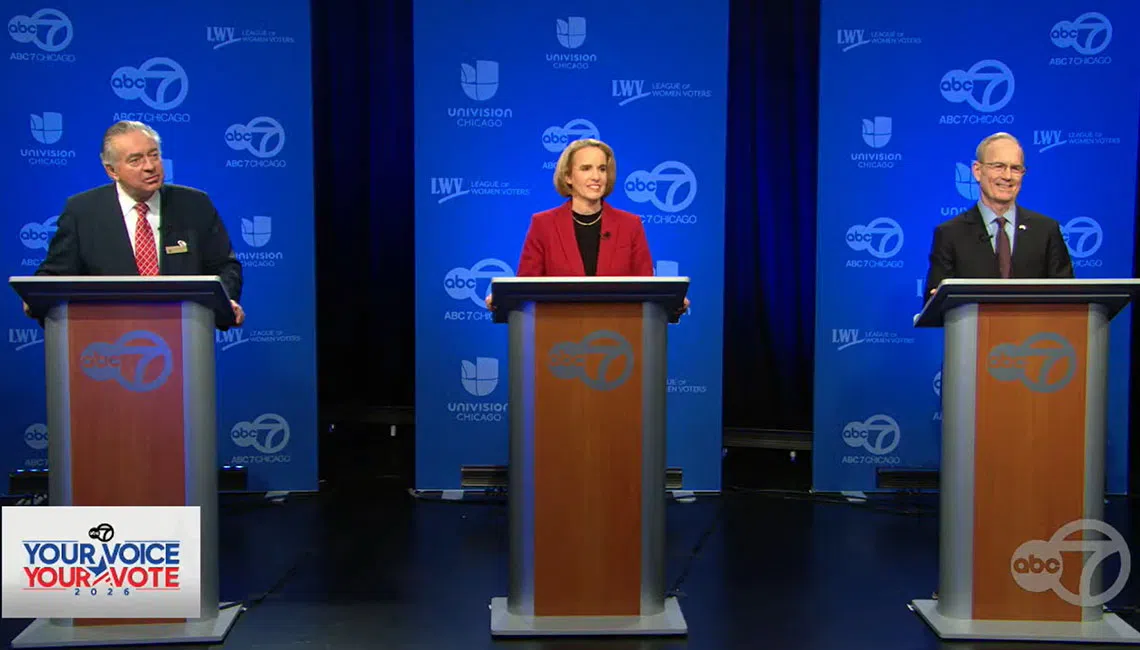 Republican candidates for U.S. Senate participate in a debate hosted by hosted by ABC-7 Chicago in partnership with Univision and the League of Women Voters on Feb. 11, 2026. (Screenshot of ABC-7’s debate feed)