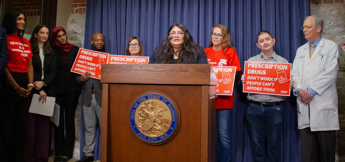 Sen. Graciela Guzmán speaks at a news conference on Feb. 17. Guzman is working on legislation to establish a prescription drug affordability board with Rep. Nabeela Syed. (Capitol News Illinois photo by Jenna Schweikert)
