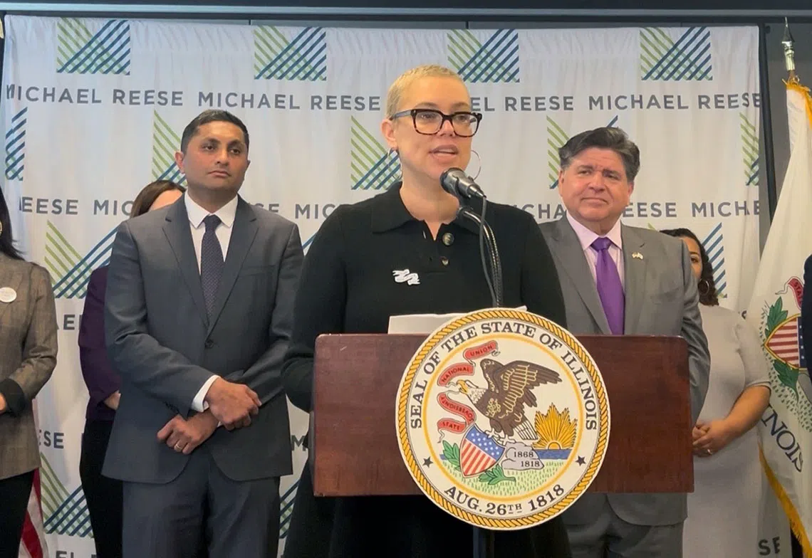 Megan Jeyifo, executive director of Chicago Abortion Fund, speaks at a news conference announcing the Prairie State Access Fund in January. (Submitted photo taken by Alicia Hurtado, Chicago Abortion Fund)