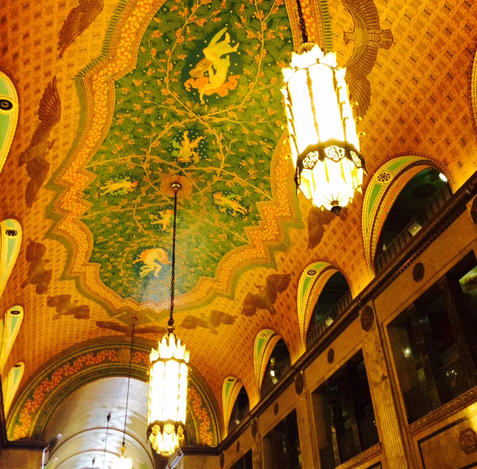 The breathtaking ceiling in the Fisher Building Lobby