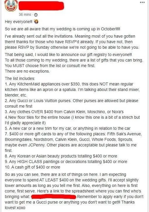 The bride sent out this message about wedding gifts on Facebook. 