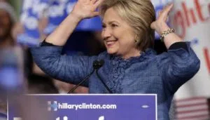 Democratic presidential candidate Hillary Clinton acknowledges the crowd during an election night event at the Palm Beach County Convention Center in West Palm Beach, Fla., Tuesday, March 15, 2016. (AP Photo/Lynne Sladky)