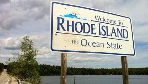 Pachaug Trail - "Welcome to Rhode Island sign" at Beach Pond, Hope Valley, RI