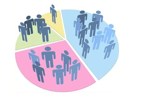 Groups of people as data statistics inside pieces of a pie chart