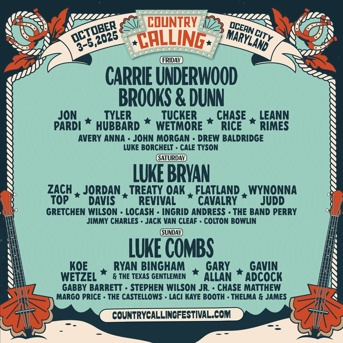 Country Calling - October 3-5, 2025, in Ocean City Maryland. Featuring Carrie Underwood, Brooks & Dunn, Luke Bryan, Luke Combs, and more!