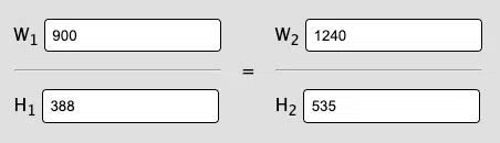 Aspect ratio calculator showing that 1240 by 535 is the same width to height ratio as the Feature Rotator's 900 by 388