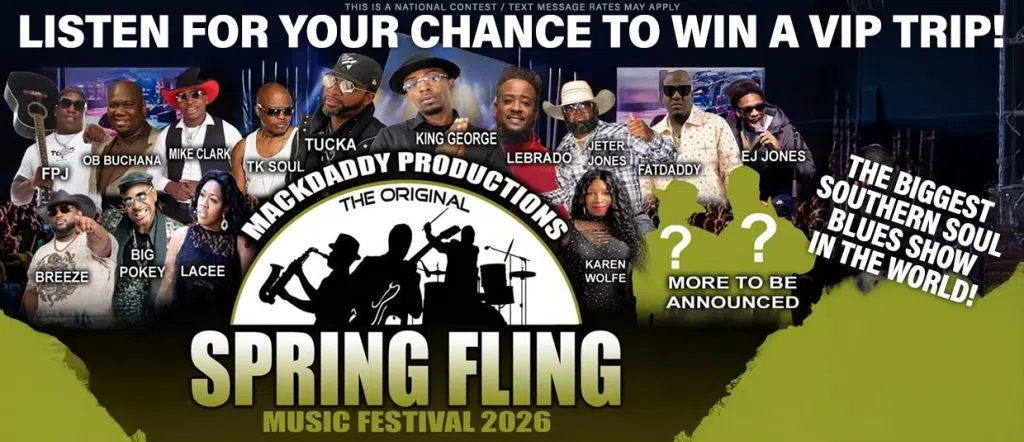 Listen for your chance to win a trip to the biggest southern soul blues show in the world, Spring Fling Music Festival 2026!