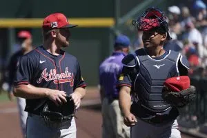 Atlanta Braves Catcher Drake Baldwin pitcher Spencer Schwellenbach