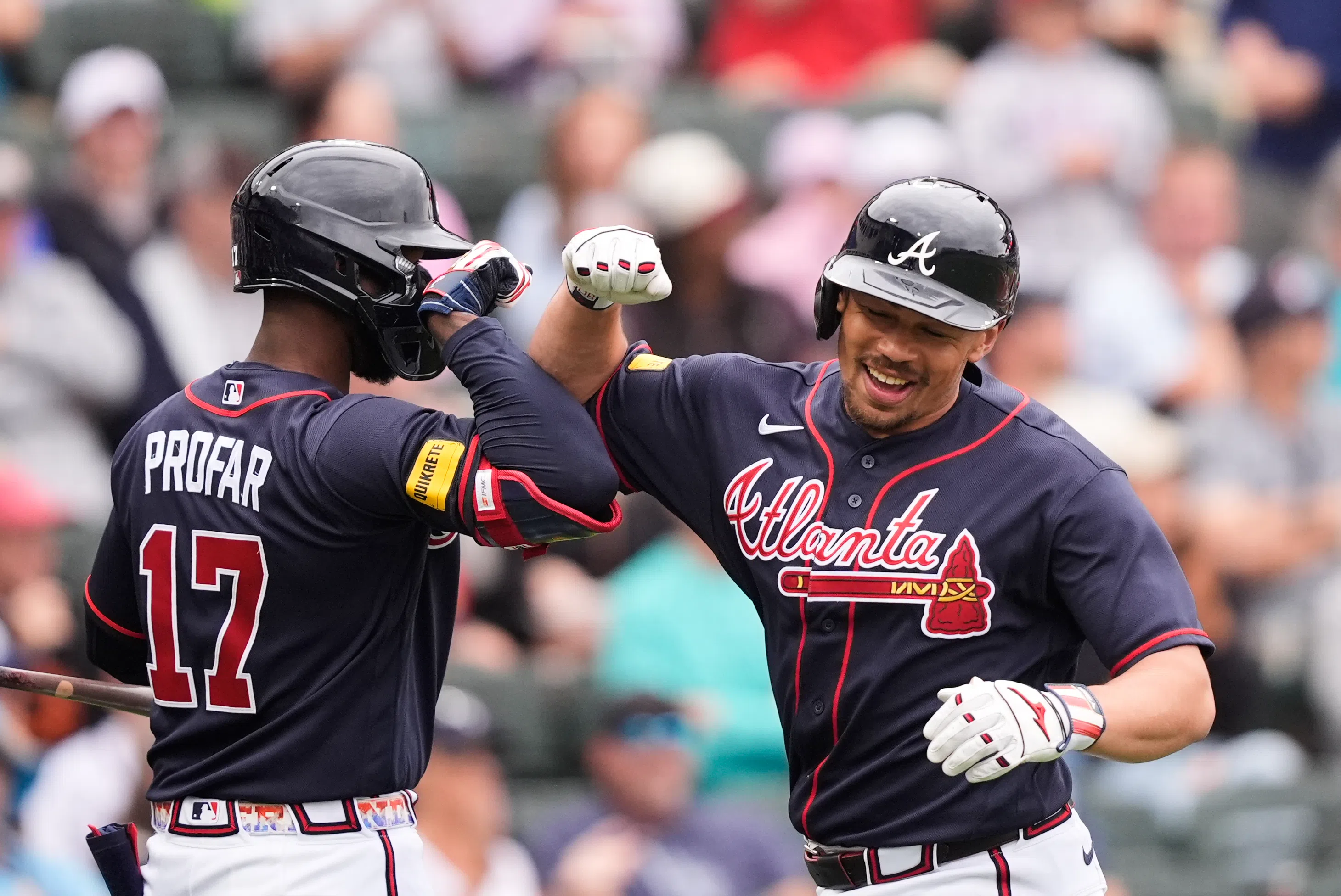 Atlanta Braves Drake Baldwin is greeted by Jurickson Profar