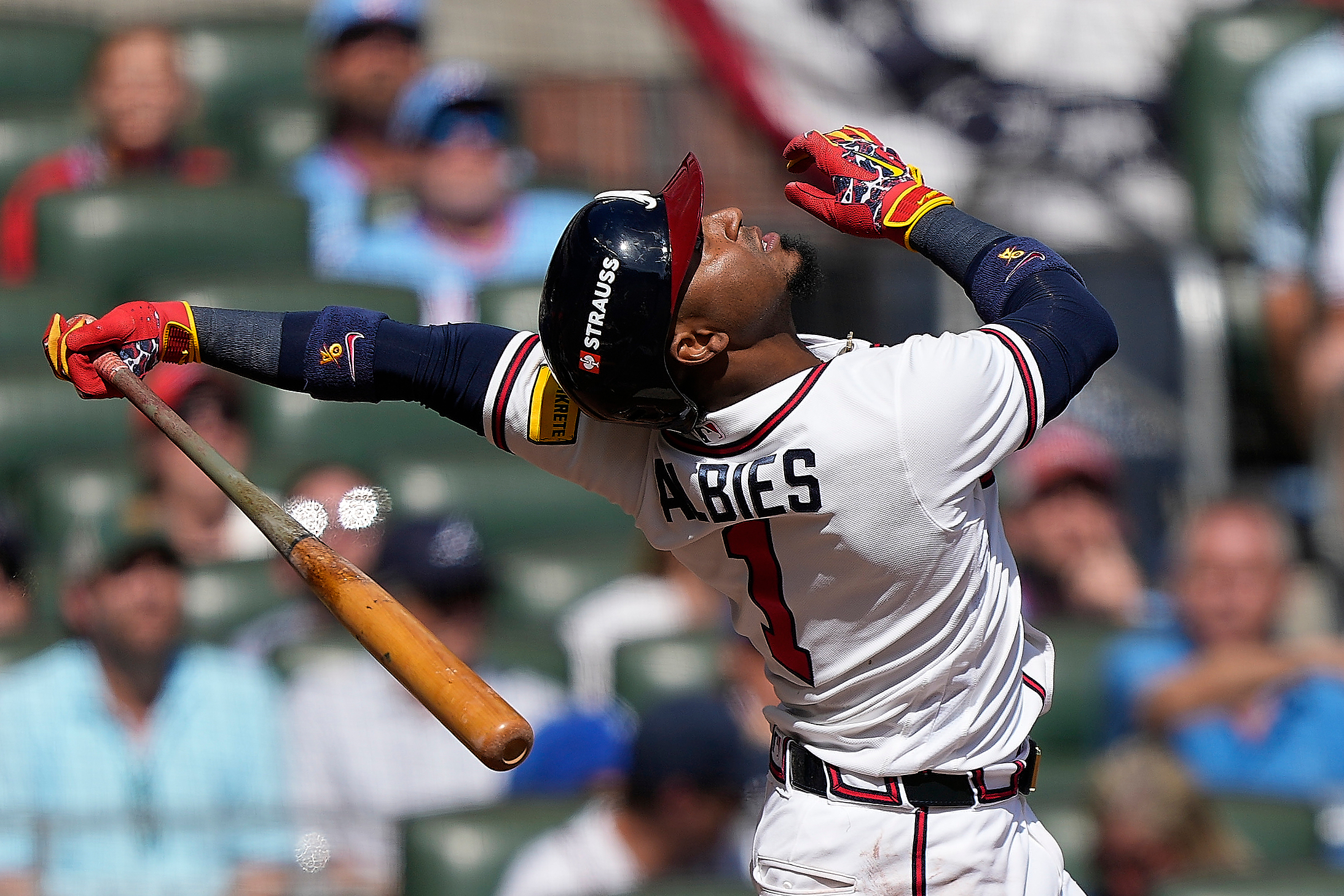 Atlanta Braves' Ozzie Albies flies out in the third inning against