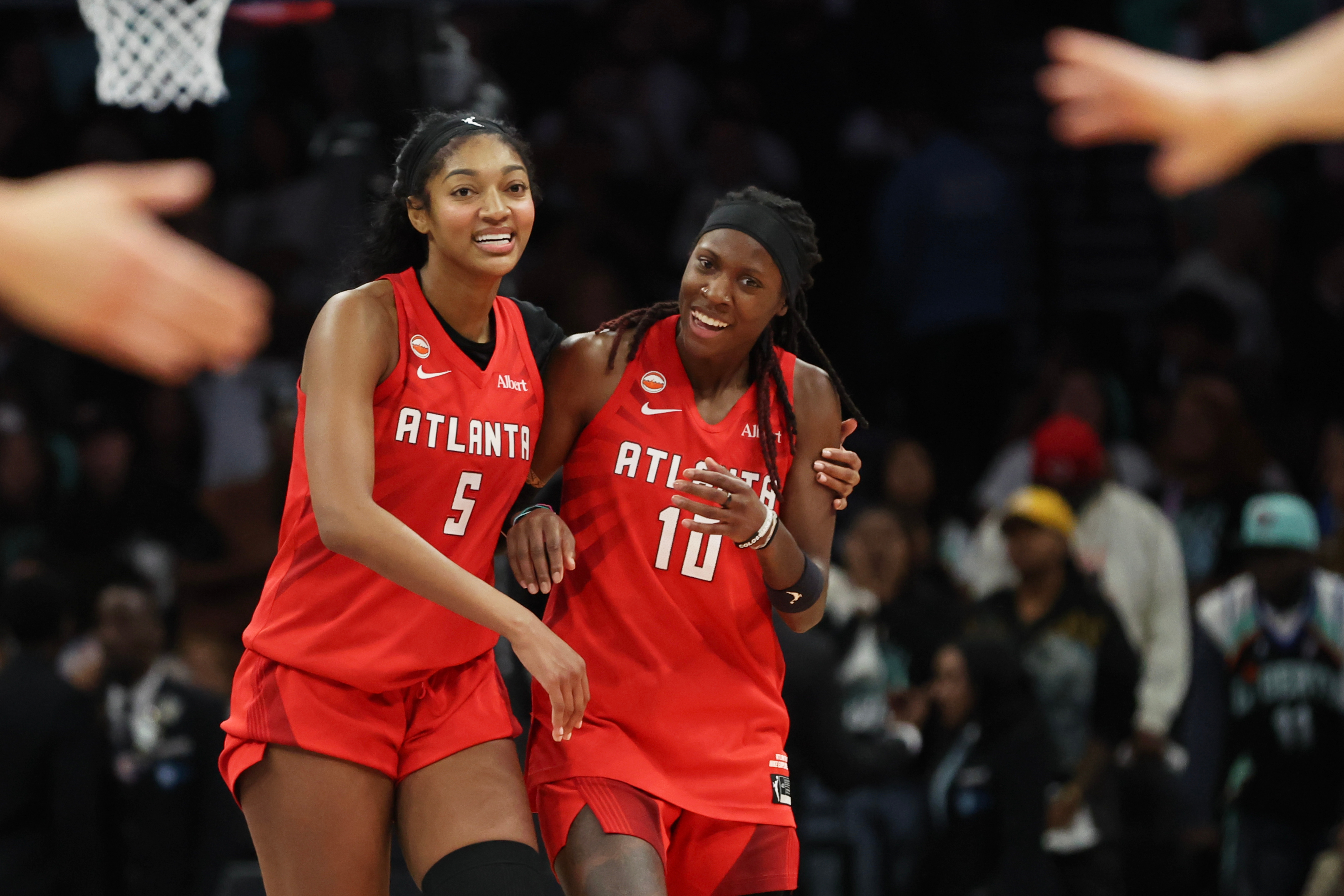 Atlanta Dream forward Angel Reese (5) and Atlanta Dream guard Rhyne Howard