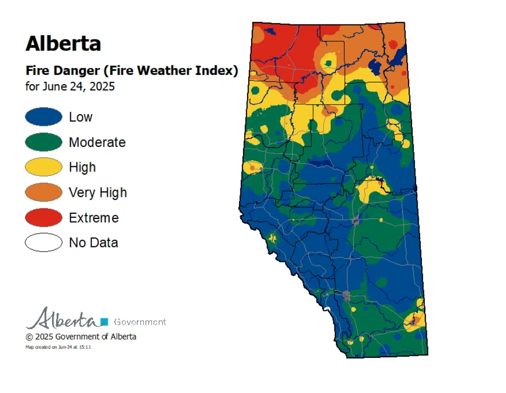 Alberta fire danger map for June 24, 2025. Image via alberta.ca
