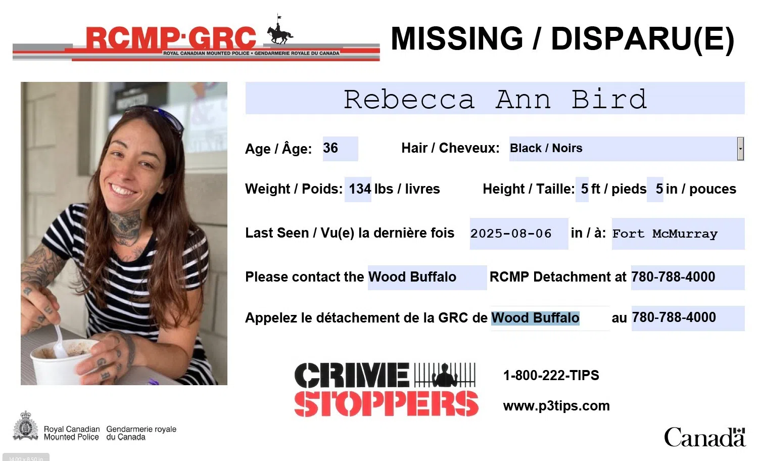 Rebecca Bird Missing Person, RCMP Supplied poster