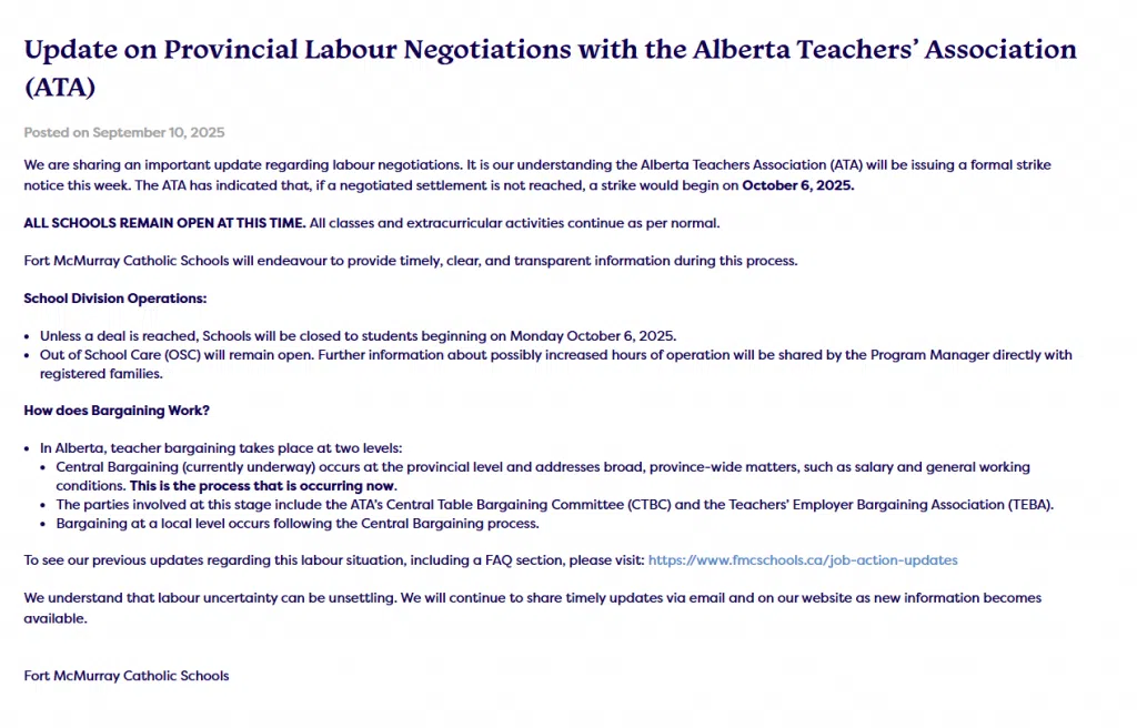 Fort McMurray Catholic Schools Letter to Parents