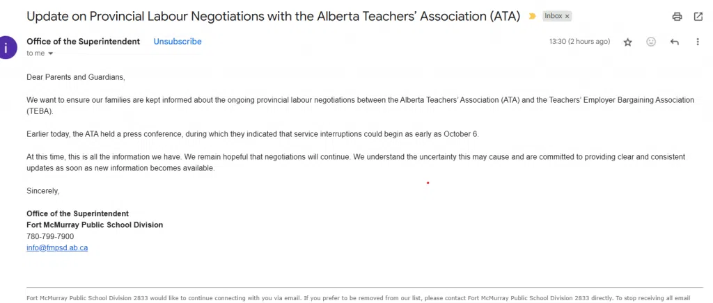 Fort McMurray Public School Letter to Parents