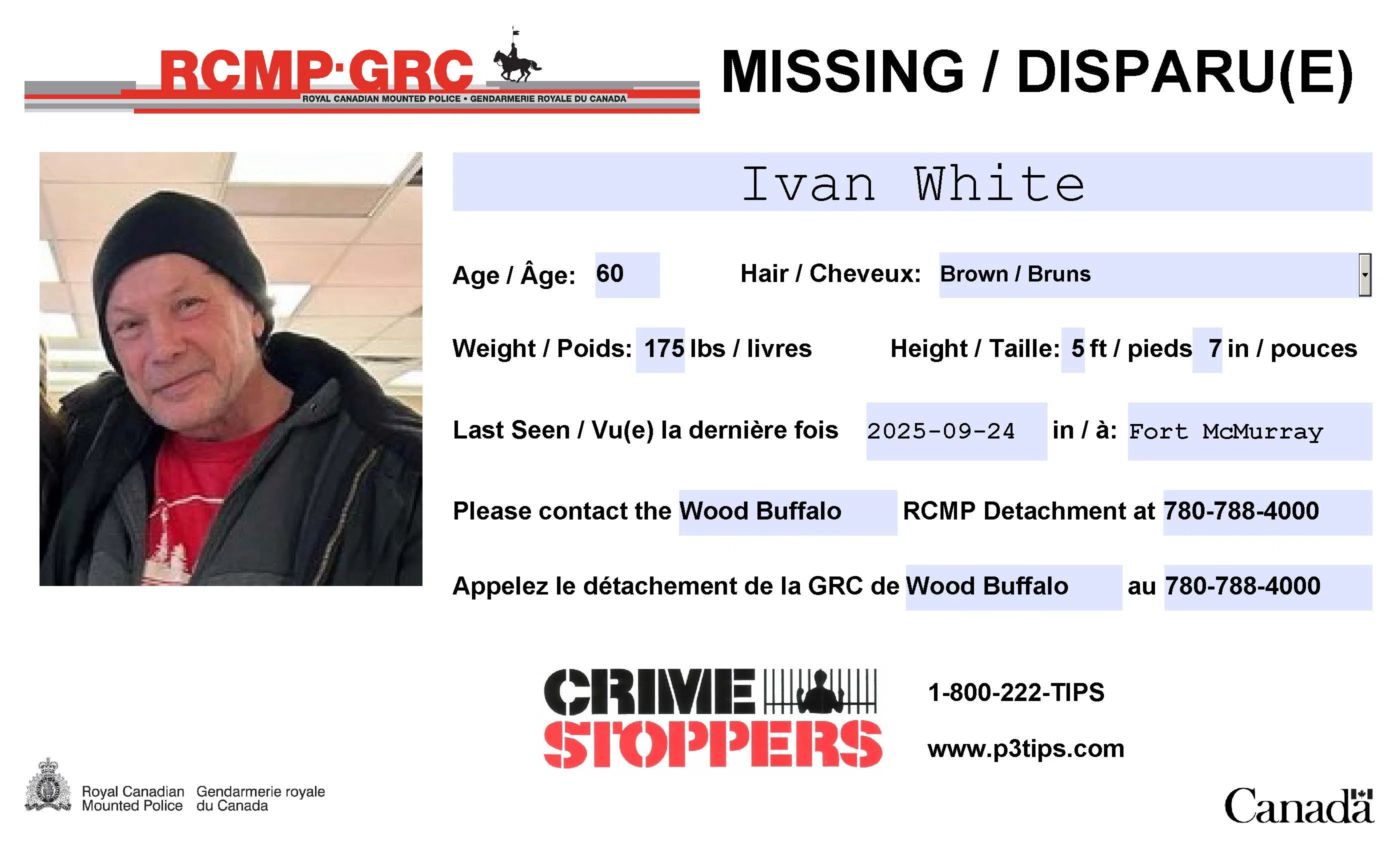 Missing Person, Ivan Whte. RCMP Poster