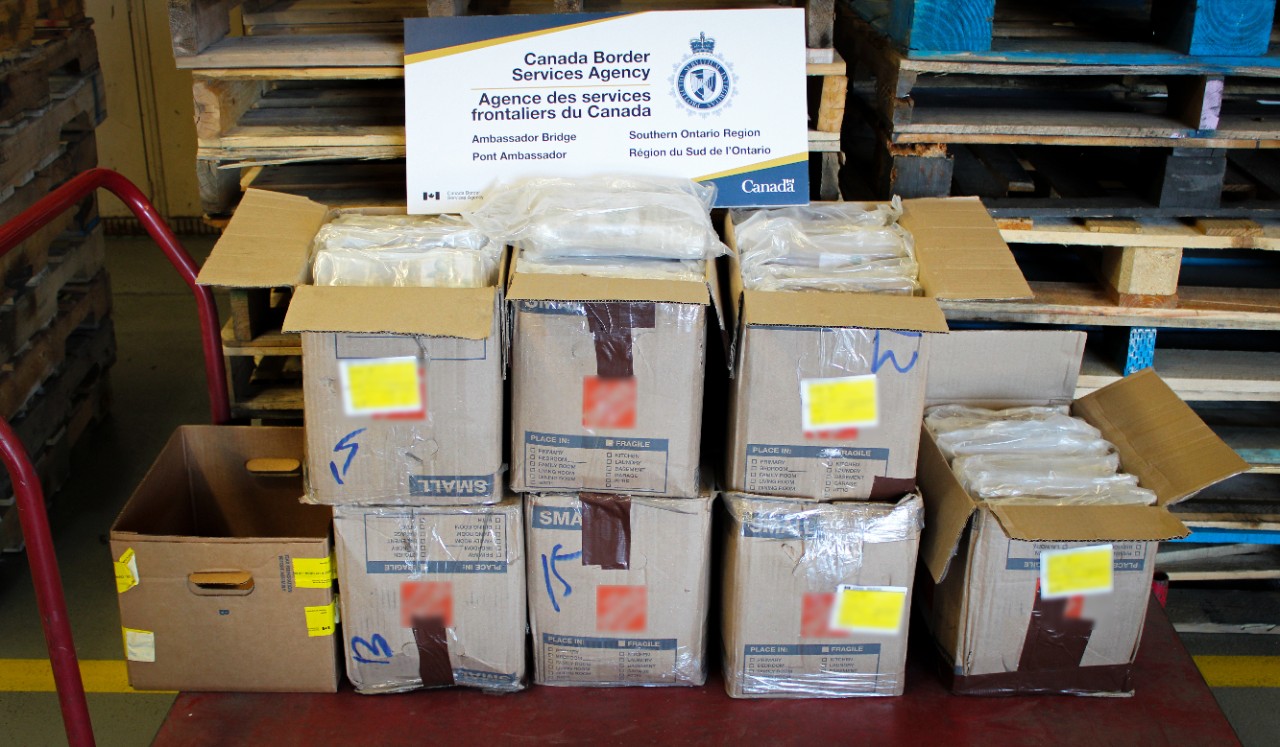 127 kg of suspected cocaine seized at the Windsor, ON. border crossing. CBSA Image