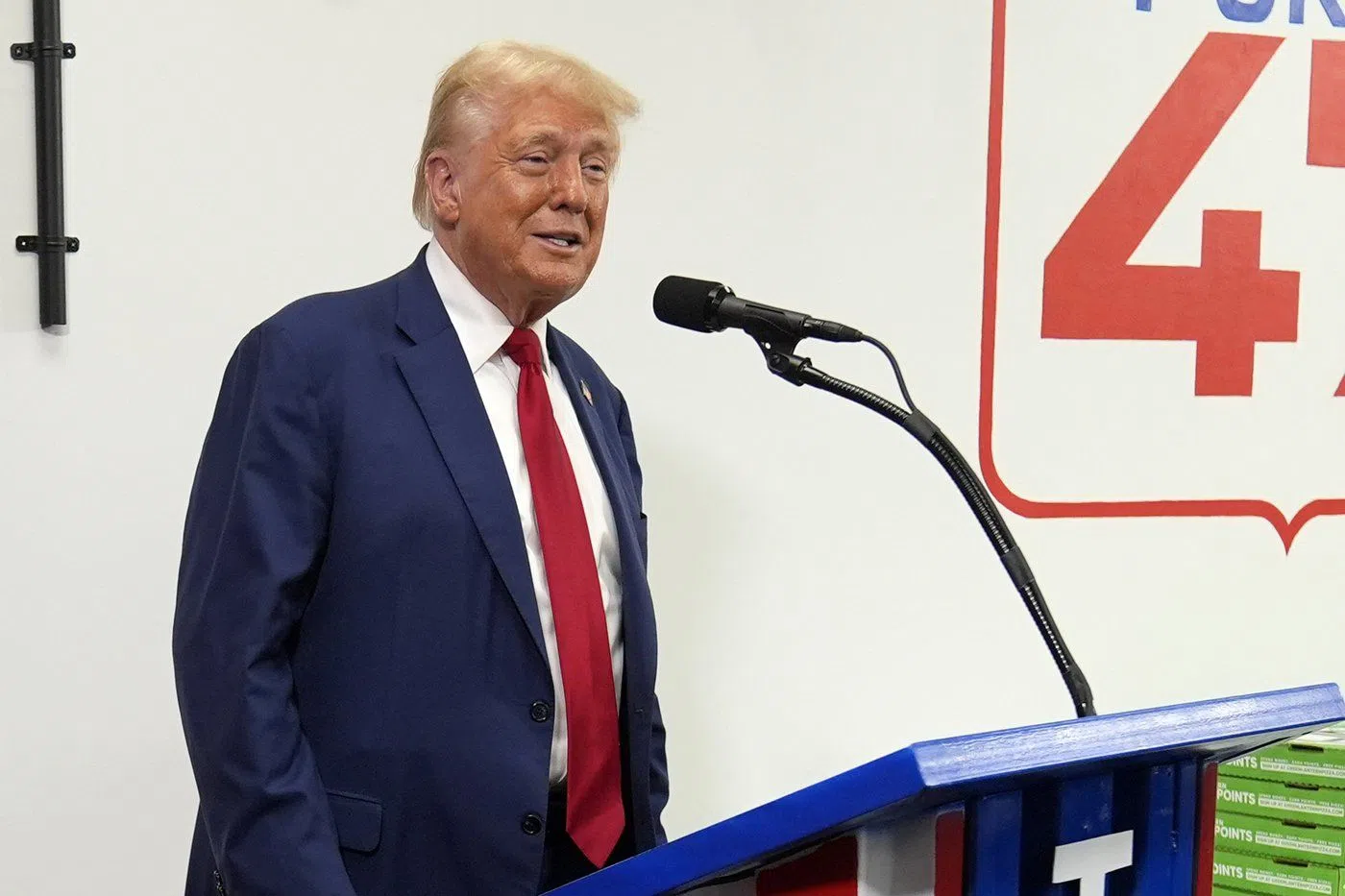 Republican presidential nominee former President Donald Trump speaks during a stop at a campaign office, Monday, Aug. 26, 2024, in Roseville, Mich. (AP Photo/Carolyn Kaster)