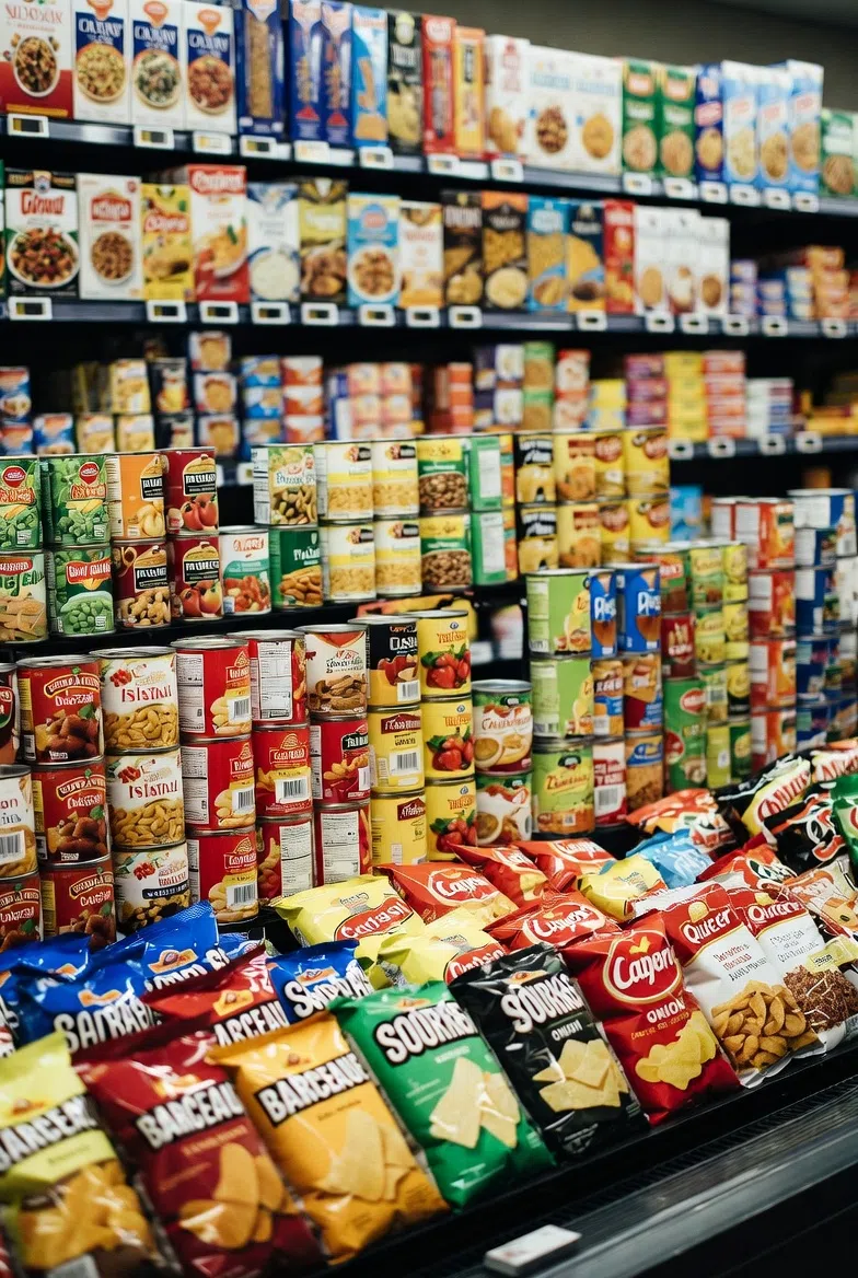 A.I. generated photo of shelves of processed food in a supermarket.