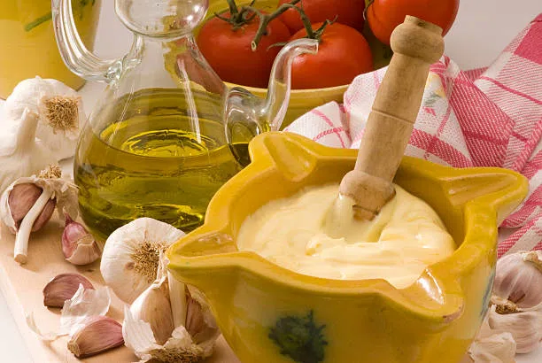 spanish cuisine. garlic mayonnaise sauce. - garlic aioli stock pictures, royalty-free photos & images