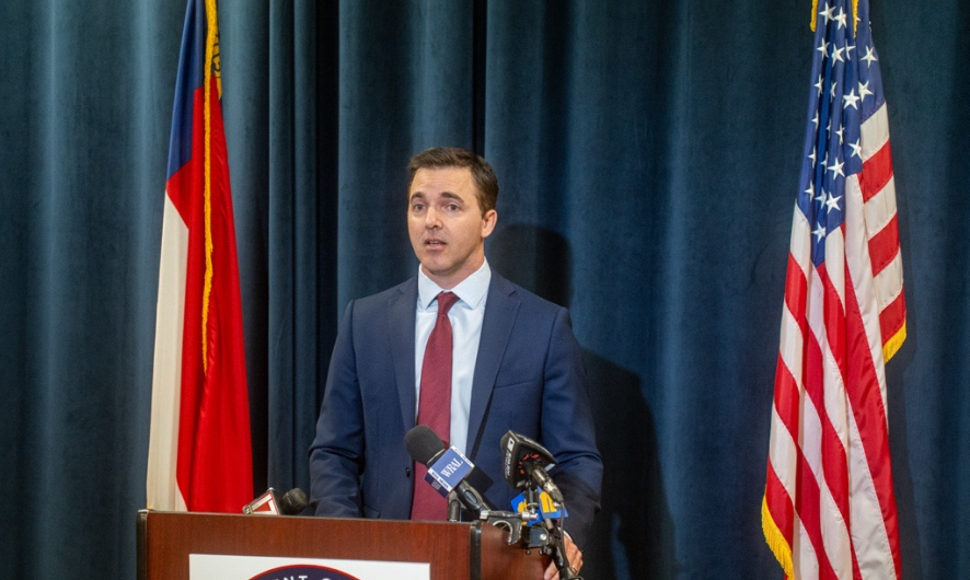 North Carolina Attorney General Jeff Jackson speaks to reporters about gas prices, in light of the recent suspension of the state's 41 cent per gallon gas tax (photo courtesy NC Attorney Generals office)