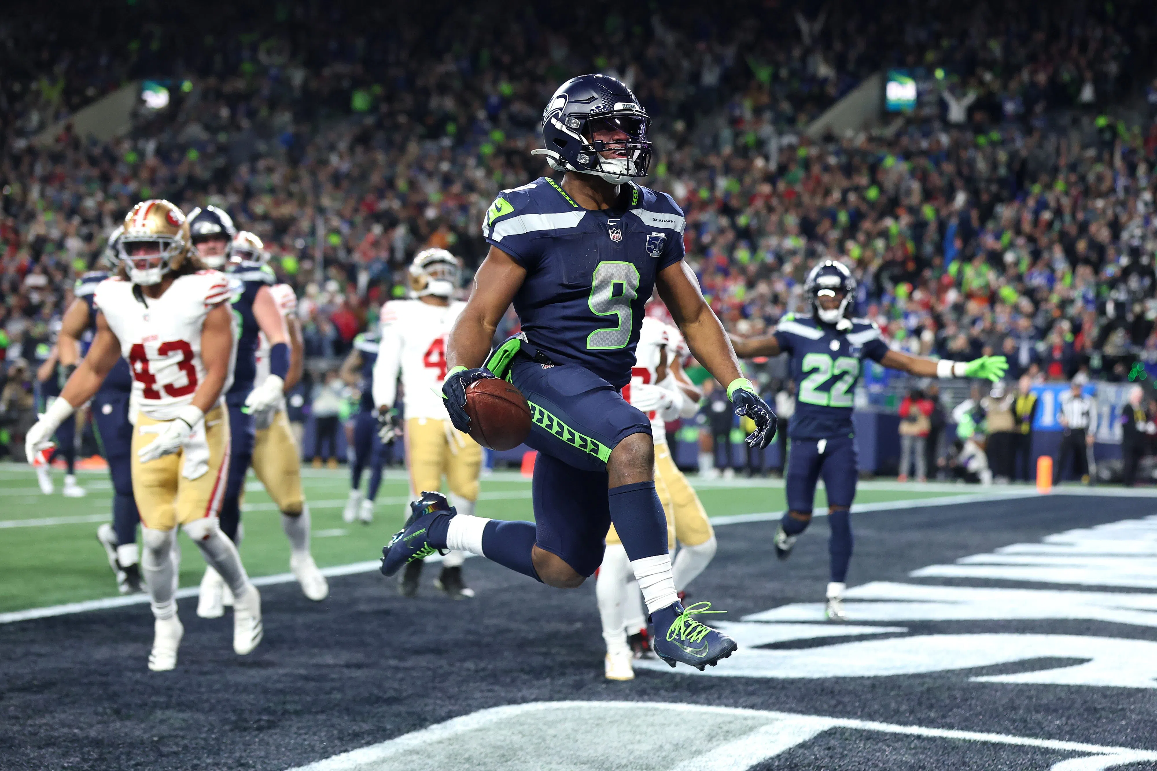 SEATTLE, WASHINGTON - JANUARY 17: Kenneth Walker III #9 of the Seattle Seahawks scores a touchdown during the fourth quarter against the San Francisco 49ers in the NFC Divisional Playoff game at Lumen Field on January 17, 2026 in Seattle, Washington. (Photo by Sean M. Haffey/Getty Images)