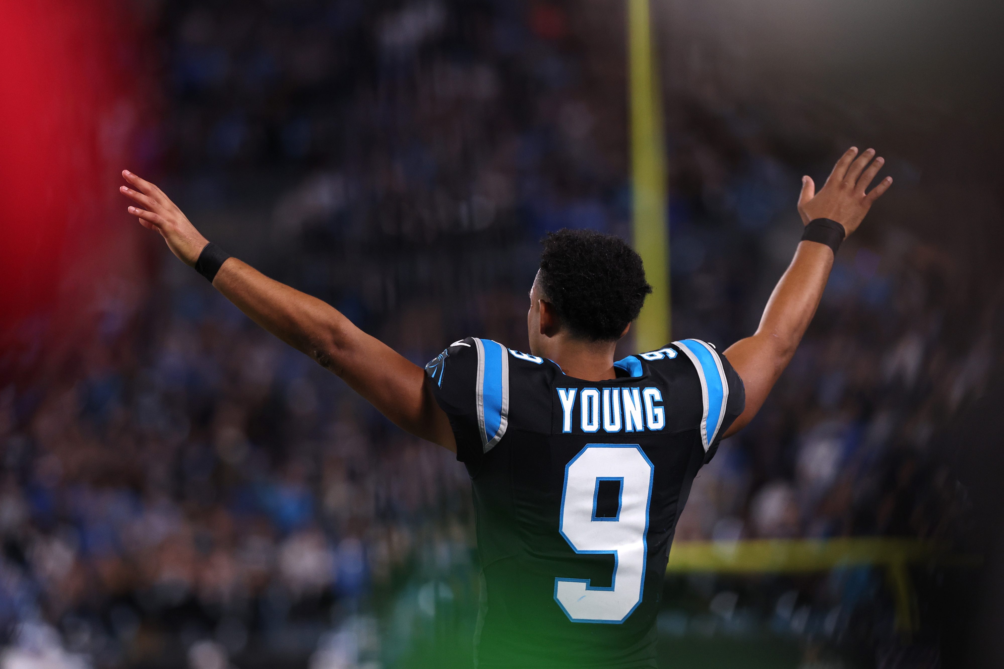 CHARLOTTE, NORTH CAROLINA - OCTOBER 04: Bryce Young #9 of the Carolina Panthers celebrates after defeating the Detroit Lions 32-26 at Bank of America Stadium on October 04, 2026 in Charlotte, North Carolina. (Photo by David Jensen/Getty Images)