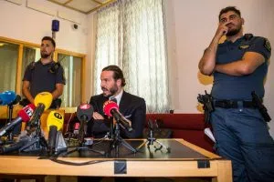 Slobodan Jovicic, lawyer for A$AP Rocky, gives a press conference after the first day of the A$AP Rocky assault trial at the Stockholm city courthouse 