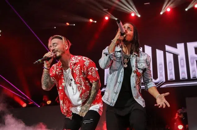 J Balvin and Ozuna perform at Miami Bash 2017 at American Airlines Arena on April 23, 2017 in Miami.