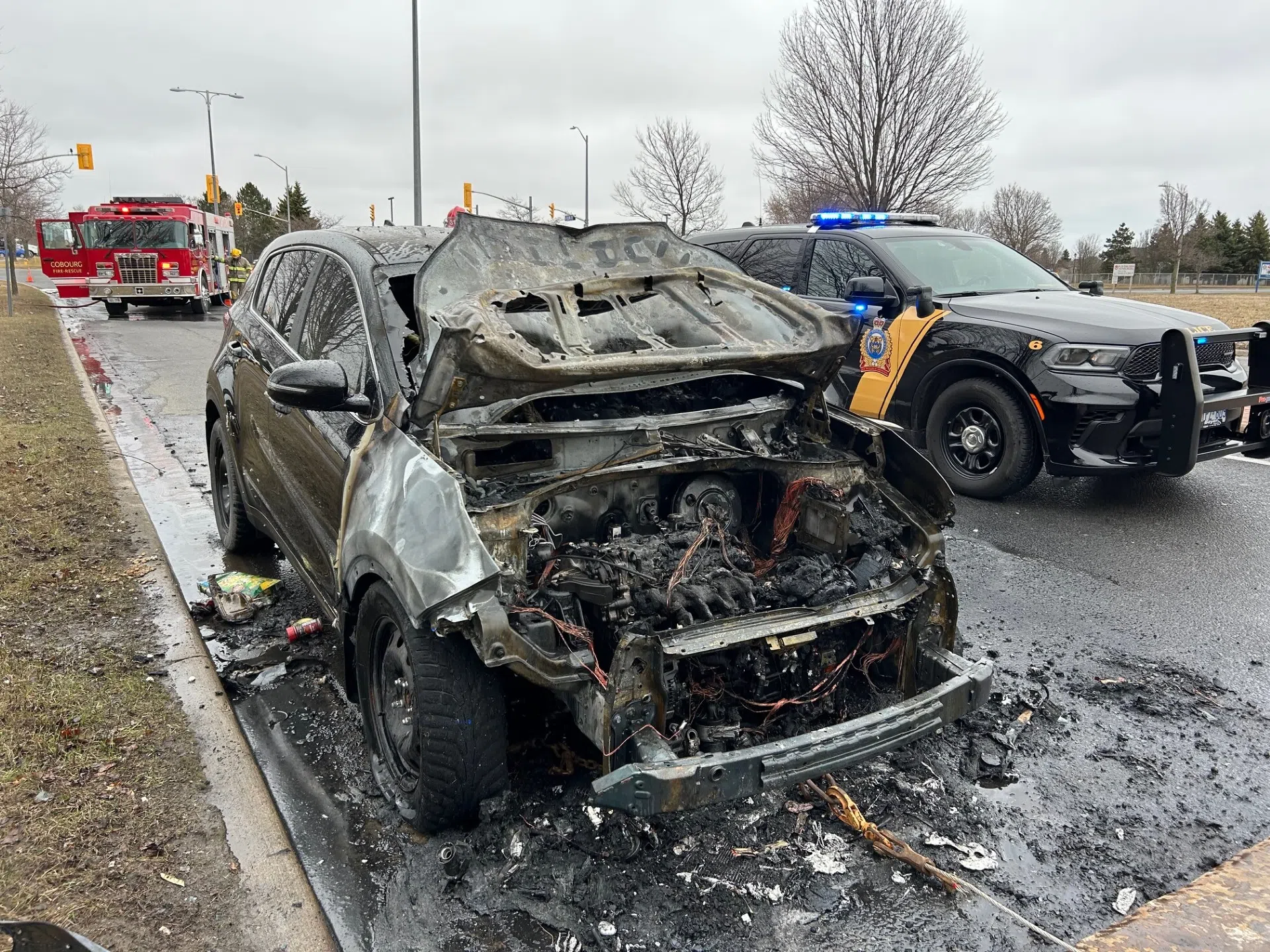 A car fire closed DePalma Road in Cobourg by Northumberland Hills