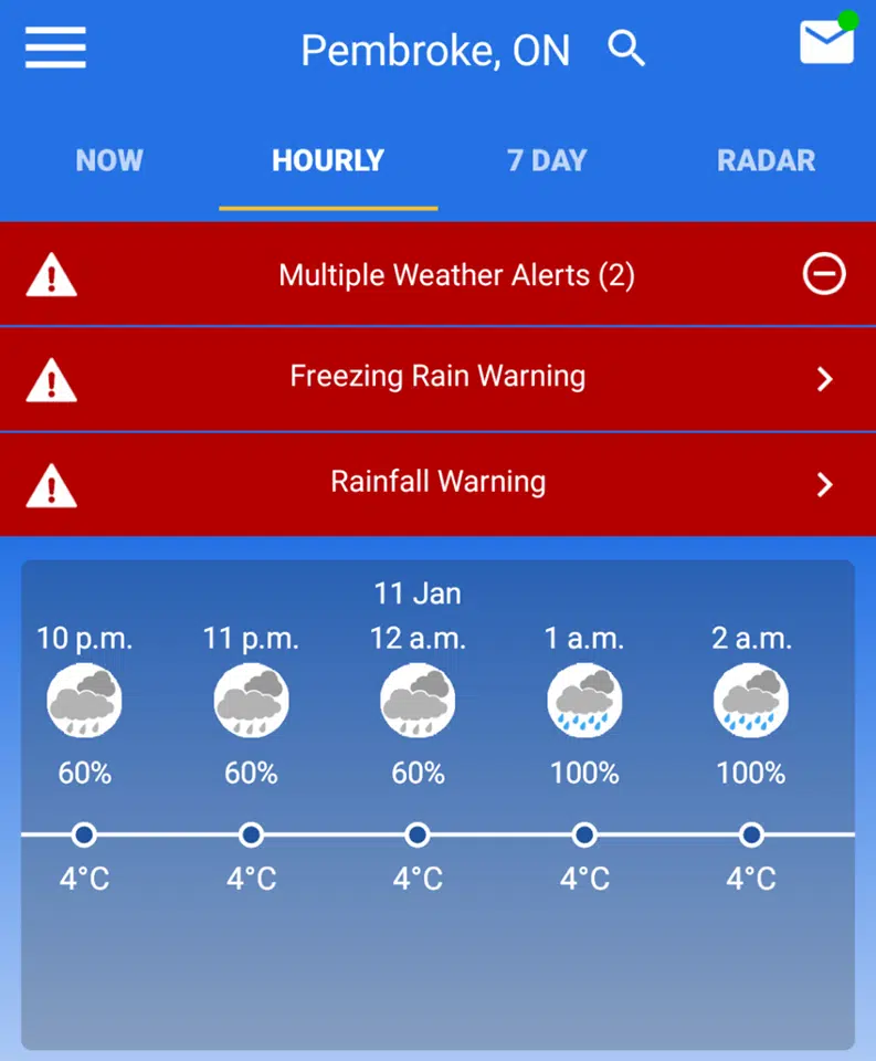 Freezing rain warning issued on top of rainfall warning in Renfrew