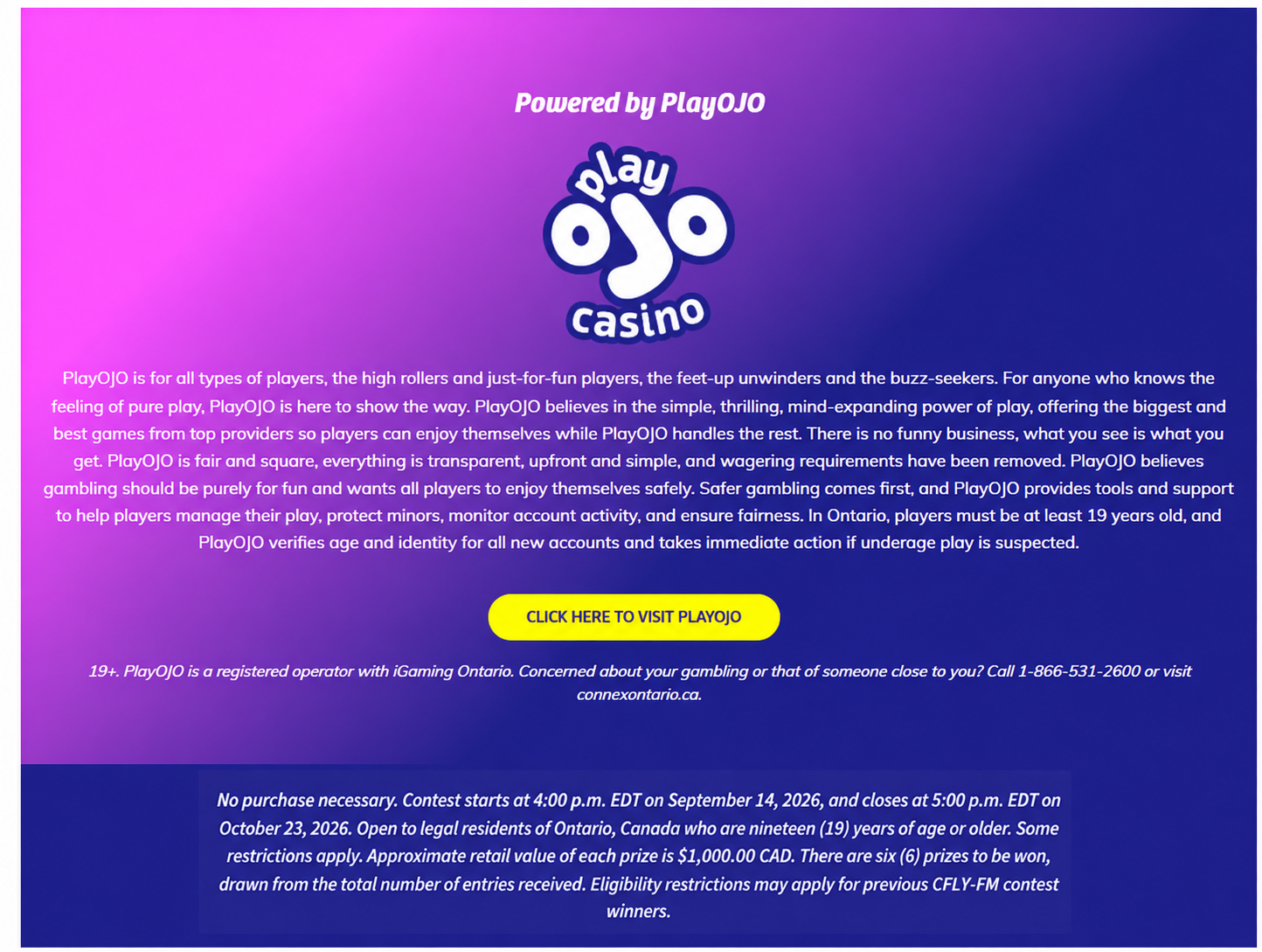 Powered by PlayOJO contest and responsible gaming information
