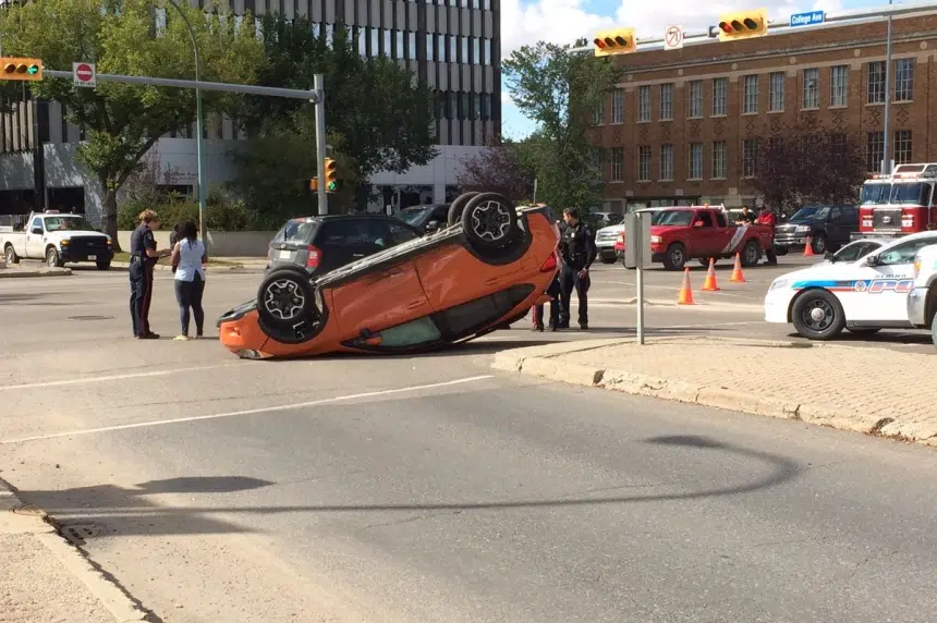 Car flips onto its roof after 2 vehicle crash in Regina