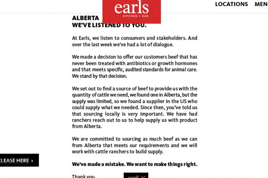 ‘Alberta, we’ve listened’: Earls backtracks on beef decision