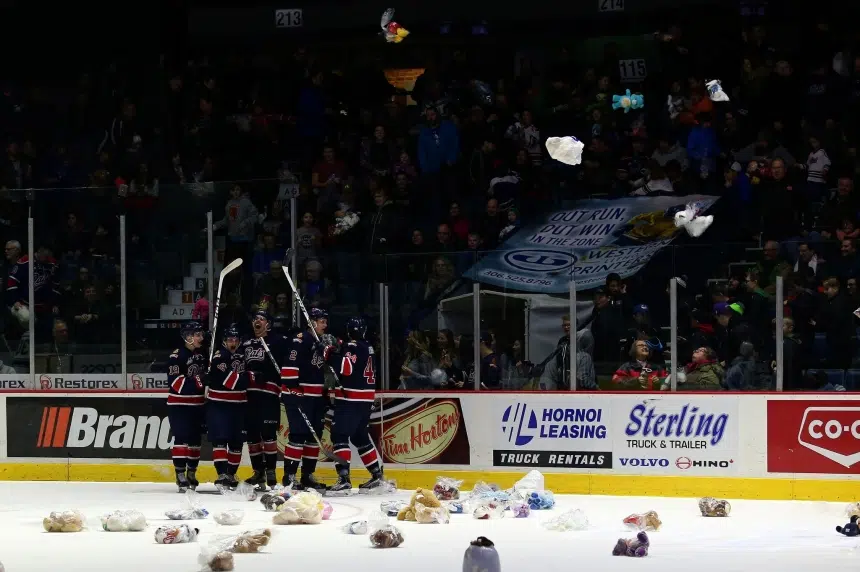 Riley Woods sends teddy bears flying as Pats rout Broncos 8-1