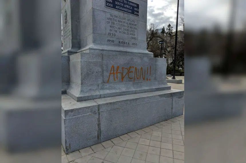 Graffiti sprayed onto Regina Cenotaph