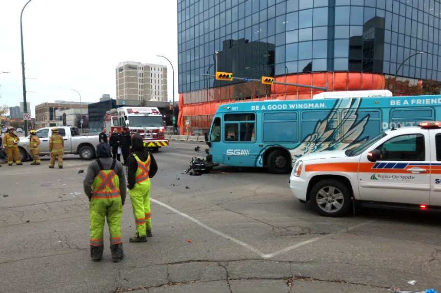 Crash involving transit bus, motorcycle sends man to hospital